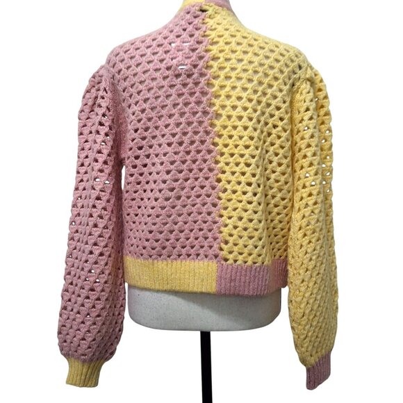Zara Pink & Yellow Colorblock Crocheted Cardigan Jeweled Button Puff Sleeve Sz S - Picture 4 of 9